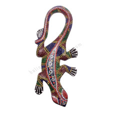 Wooden Gecko Blue Red Green Painted Aborigine 20 cm 