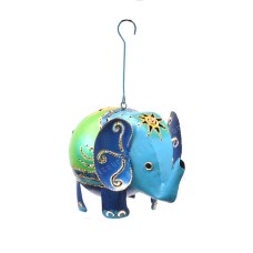 Hanging Metal Baby Elephant Green Blue Gold 17 cm