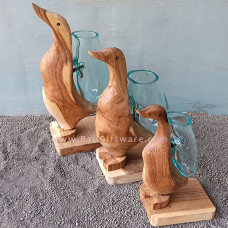Blown Glass Vase On Wooden Duck Set 3