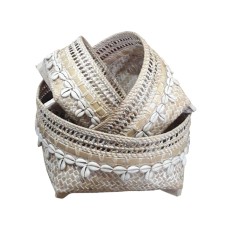 Round Rattan Basket White Wash With Shell Set Of 3