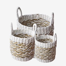 Woven Straw Grass Basket Natural White Set Of 3