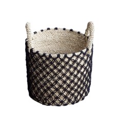 Woven Straw Grass Cotton Basket Natural Black 33 cm