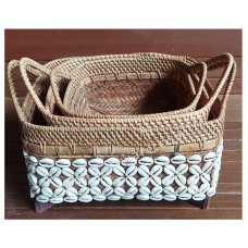 Brown Rattan Rectangle Basket With Shells Set 3