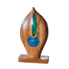 Wooden Teardrop Blue Green Resin On Stand 35 cm