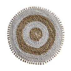 Round Raffia Dining Placemat White Brown With Shell 38 cm