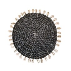 Round Raffia Dining Placemat Black With Shell 20 cm