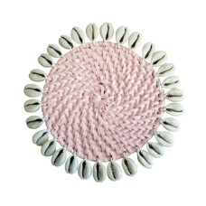 Round Rattan Drink Coaster Pink With Shell 10 cm