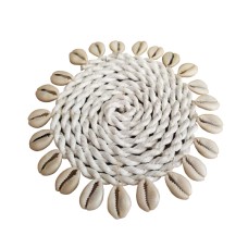 Raffia Round Drink Coaster White With Shell 10 cm