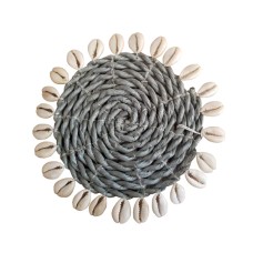 Raffia Round Drink Coaster Grey With Shell 10 cm