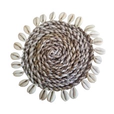 Straw Grass Round Drink Coaster Natural With Shell 10 cm