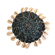 Raffia Round Drink Coaster Blue With Shell 10 cm