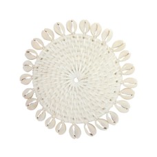 Round Rattan Drink Coaster White With Shell 14 cm