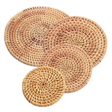 Woven Round Rattan Drink Coaster Natural Set Of 4