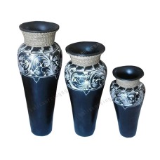 Black Vase Painted Leaf With Rope Set of 3