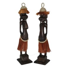 Dark Brown Couple Primitive Wooden Statue 50 cm