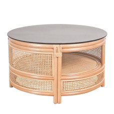 Natural Rattan Marina Round Table Black Glass