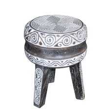 Wooden Carved Stool Antique Black White 40 cm