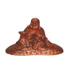 Wooden Brown Laughing Buddha With Coins 25 cm