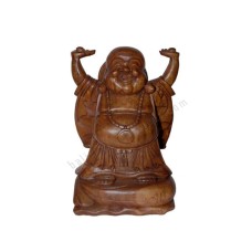 Wooden Brown Laughing Buddha Hands Raised 30 cm