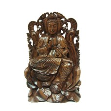 Wooden Dark Brown Seated Kwan Yin On Lotus 40 cm