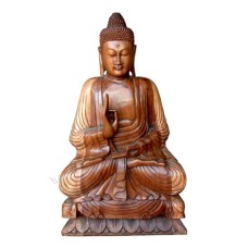 Wooden Natural Brown Seated Buddha On Lotus 80 cm