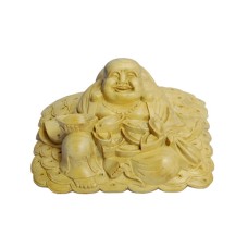 Wooden Natural Laughing Buddha With Money Coins 10 cm