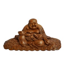 Wooden Brown Laughing Buddha With Money Coins 12 cm