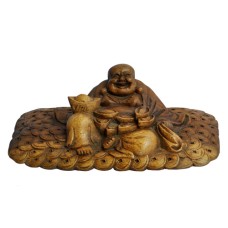 Wooden Laughing Buddha With Money Coins 15 cm