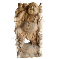 Wooden Natural Brown Traveling Happy Buddha With Baby 100 cm