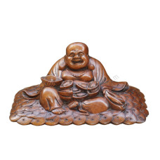 Wooden Brown Laughing Buddha With Money Coins 20 cm