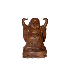 Wooden Brown Laughing Buddha Hands Raised 20 cm