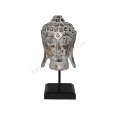 Wooden Buddha Head On Stand White Wash 30 cm