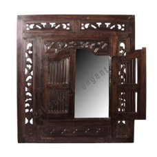 Wooden Mirror Opened Window Style Dark Brown 90 cm