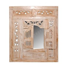 Wooden Mirror Opened Window Style White Wash 90 cm