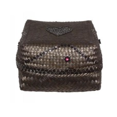 Woven Bamboo Box Black Beads Heart Motif 28 cm