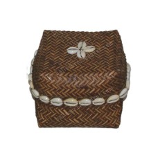 Square Woven Bamboo Box Brown With Sea Shells 10 cm