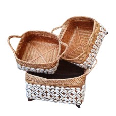 Woven Square Rattan Box With Shell Set Of 3