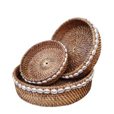 Woven Brown Rattan Bowl With Shell Set Of 3