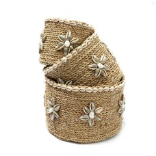 Woven Straw Grass Box With Shell Set Of 3