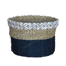 Woven Straw Grass Box Natural Blue With Shell 29 cm